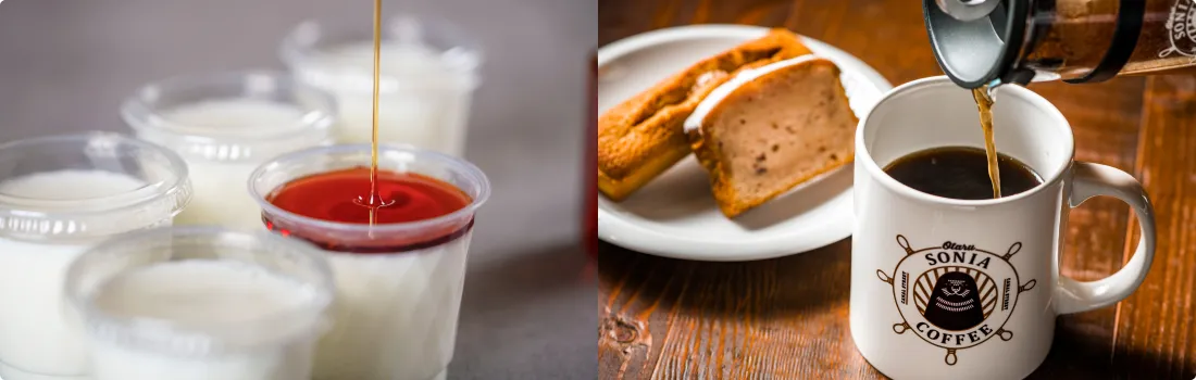 画像:ホテルメイドヨーグルト（シロップ掛け）とプリン（プレーン、チョコ）